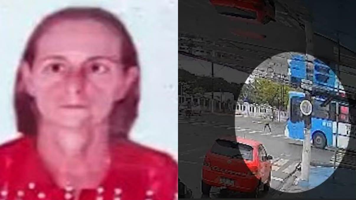 A imagem em destaque mostra a vítima do acidente (à esquerda) e momentos antes do ônibus atropelá-la (à direita).