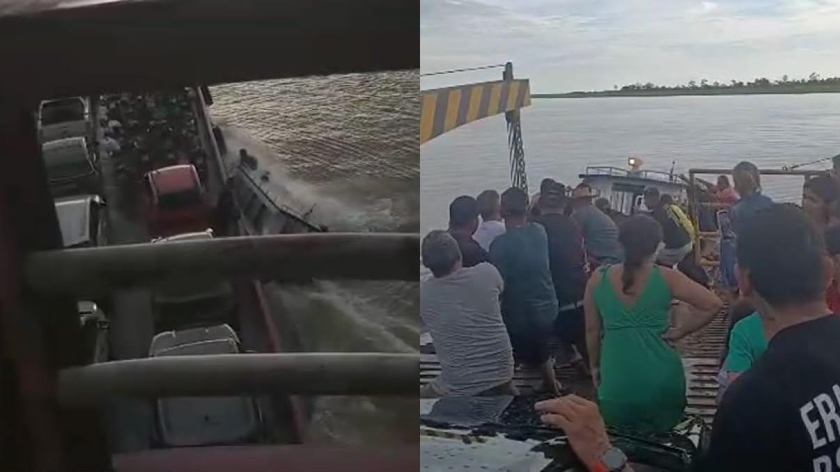 A imagem em destaque mostra o momento em que a colisão aconteceu (à esquerda) e os passageiros da balsa socorrendo as duas pessoas que estavam na lancha.
