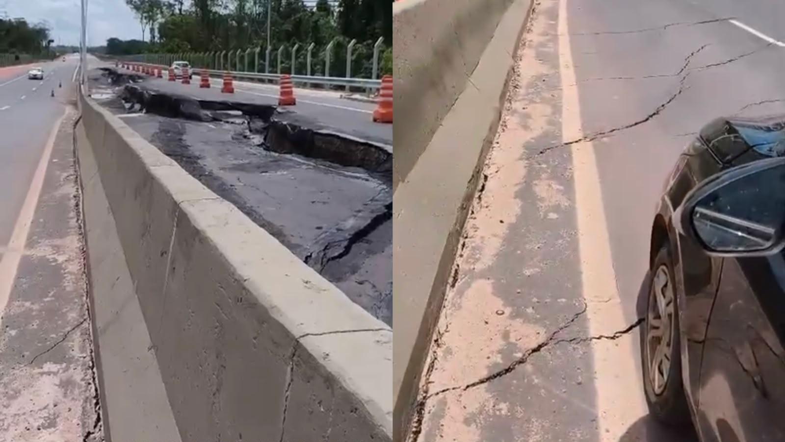 Avenida Liberdade é interditada após asfalto ceder em Belém.