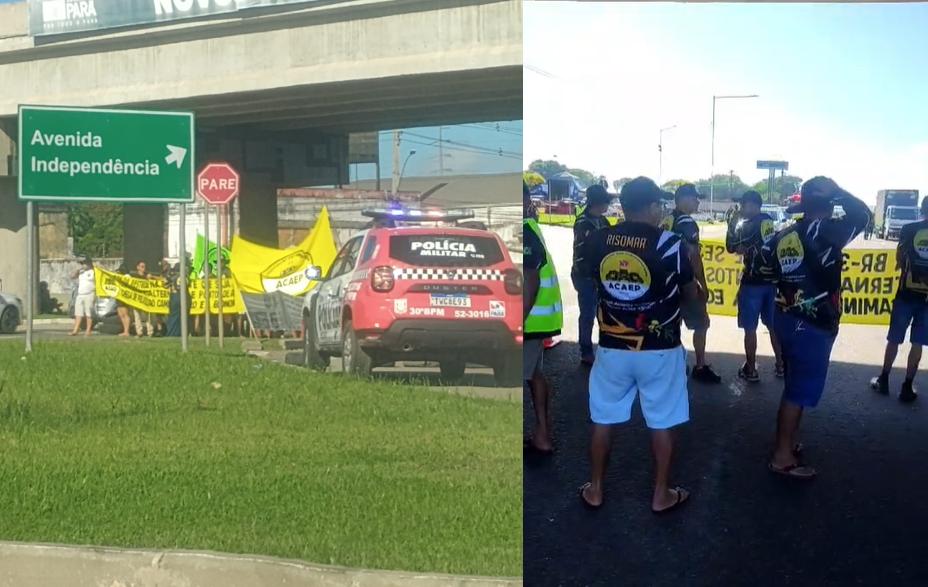 Protesto de caminhoneiros bloqueia acesso da Alça Viária para BR-316, em Marituba.